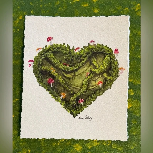 Original Green Heart Mushroom Forest Moss Nature Gouache art Mini fairycore - Picture 3 of 7